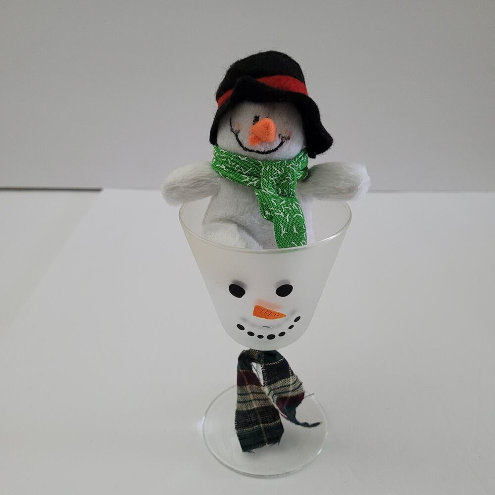 Festive Snowman Figurine with Plaid Scarf and Glass 6x3 inches